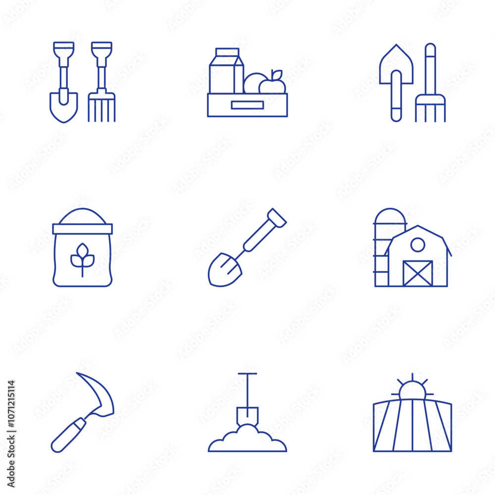 Farm icons set. Thin Line style, editable stroke. farming tools, field, flour, food, shovel, sickle, silo, soil Farm icons set. Thin Line style, editable stroke. farming tools, field, flour, food, shovel, sickle, silo, soil