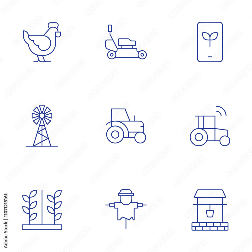 Farm icons set. Thin Line style, editable stroke. hen, lawnmower, mill, plantation, scarecrow, smartphone, tractor, well Farm icons set. Thin Line style, editable stroke. hen, lawnmower, mill, plantation, scarecrow, smartphone, tractor, well