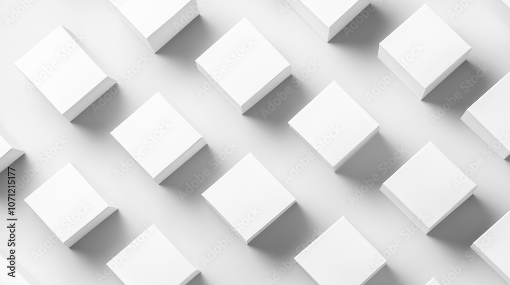 White cubes arranged in a structured, shadowed pattern on a white surface, emphasizing order and spatial precision. Ideal for visual concepts of order, texture, and modernity White cubes arranged in a structured, shadowed pattern on a white surface, emphasizing order and spatial precision. Ideal for visual concepts of order, texture, and modernity