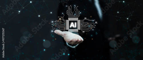 Businessman is using smartphone and showing ia technology against dark blue background.