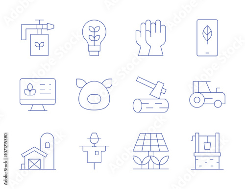 Farm icons. Thin Line style, editable stroke. fertilizer, gloves, innovation, pig, scarecrow, silo, smart farm, solar panel, tractor, well, wood