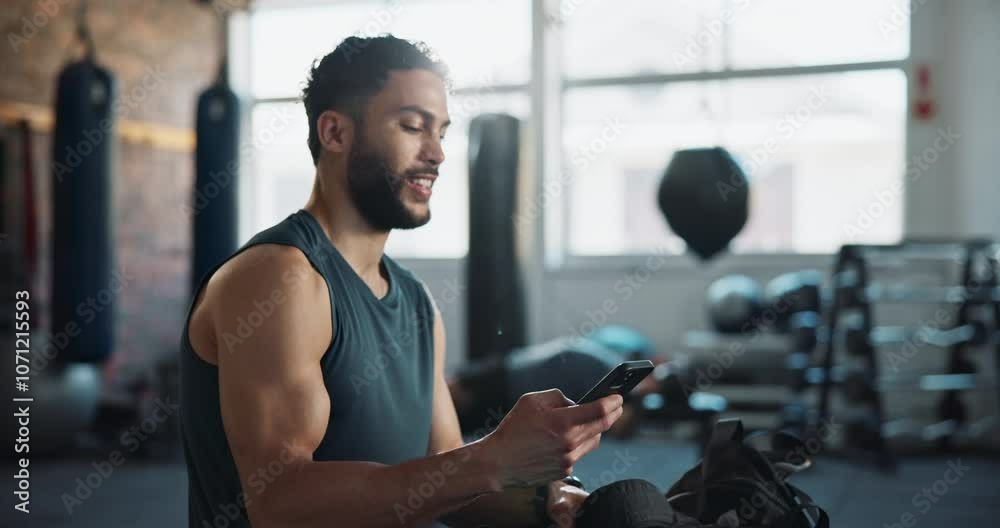 Man, gym and laugh with smartphone for fitness on social media, networking and communication. Male person, body builder and happy or smile on internet for funny videos, memes and entertainment