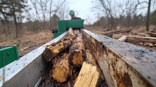 Sustainable energy production: woody biomass on conveyor belt in forest setting photo