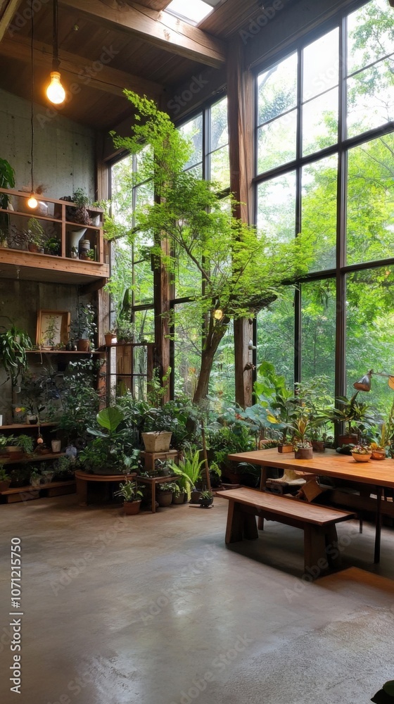 Fototapeta premium Tranquil interior with large windows and lush indoor garden design
