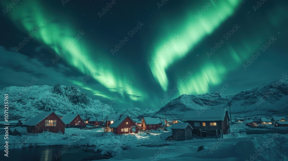 Fototapeta premium Aurora's Embrace: Nordic Village Serenity