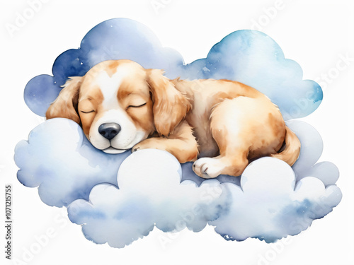A dog sleeps peacefully on fluffy clouds in a watercolor dream.