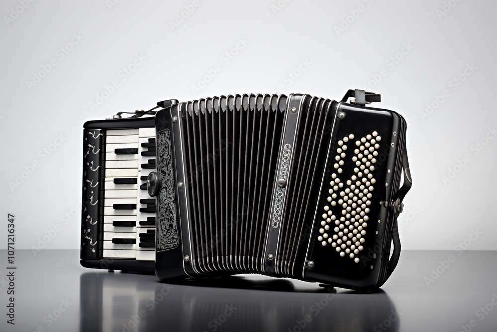 A black accordion showcasing its keys and buttons for music performance. A black accordion showcasing its keys and buttons for music performance.