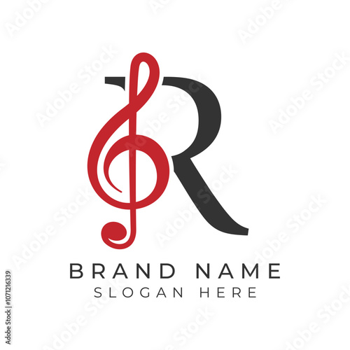Initial Letter R with musical note Style icon. Alphabet R Music logo design