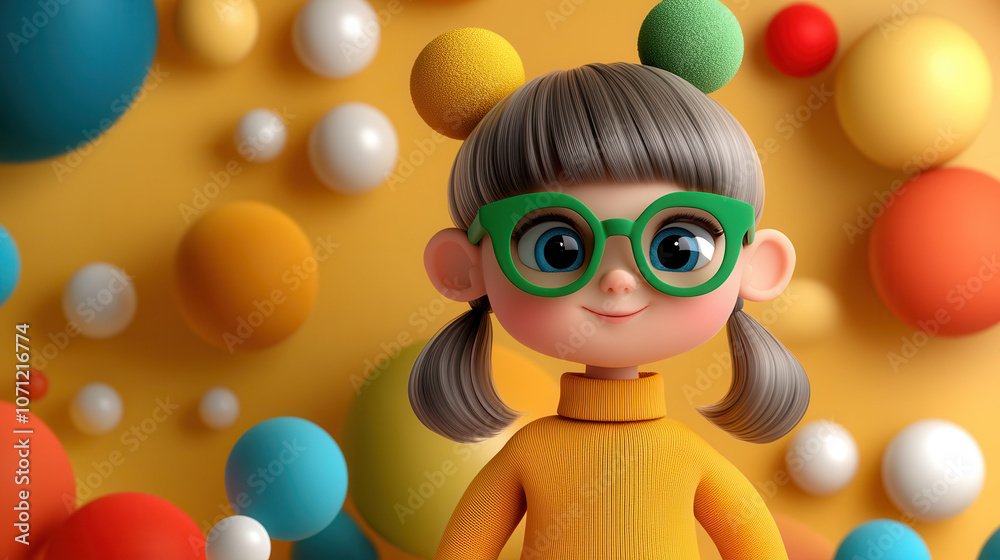 Colorful and fun character design with geometric shapes and vibrant colors. This playful illustration features girl with glasses, set against bright background Colorful and fun character design with geometric shapes and vibrant colors. This playful illustration features girl with glasses, set against bright background