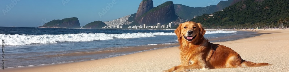 Golden Retriever Relaxing on Scenic Ipanema Beach in Rio de Janeiro with Ocean Waves and Iconic Sugarloaf Mountain in the Background on Sunny Day Golden Retriever Relaxing on Scenic Ipanema Beach in Rio de Janeiro with Ocean Waves and Iconic Sugarloaf Mountain in the Background on Sunny Day