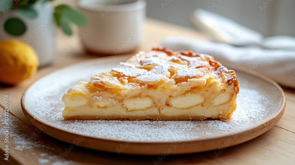 A slice of lemon ricotta pie on a plate with powdered sugar. A slice of lemon ricotta pie on a plate with powdered sugar.