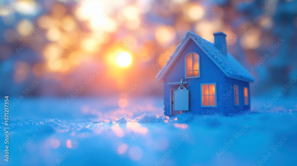 A small blue house with a blank sign stands in a snowy field, with the setting sun in the background. A small blue house with a blank sign stands in a snowy field, with the setting sun in the background.
