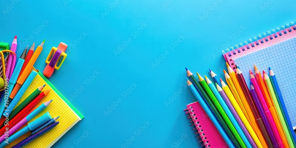Fototapeta premium Colorful school supplies including notebooks, pencils, and markers on a vibrant blue background, school supplies, colorful