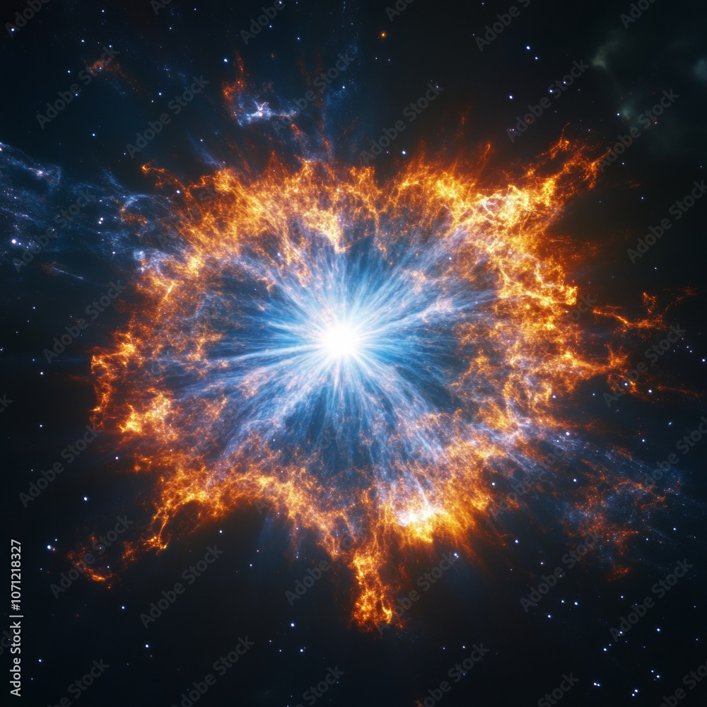 A bright supernova explosion with radiant energy and light bursting outward from a central point A bright supernova explosion with radiant energy and light bursting outward from a central point