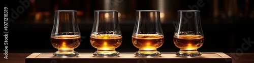 Exquisite Whiskey Tasting Flight with Four Glasses on Wooden Tray in Elegant Dim Bar Setting Ideal for Whiskey Connoisseurs and Sophisticated Drink Discoveries