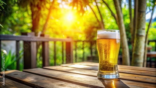 Glass of light beer on wooden table on sunny veranda , sunlight, refreshment, alcohol, relaxation, summer, cold, beverage