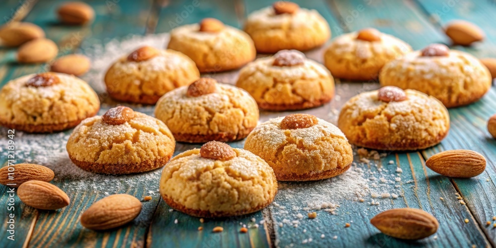Delicious baked almond coconut cookies on a baking sheet with a Moroccan Ghoriba twist and Amaretti flavors , dessert, food