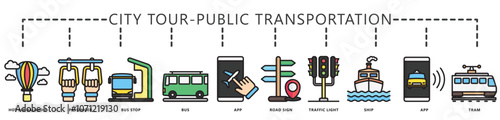 City tour, public transportation color line icon banner. contain tram, air balloon, traffic lights, ship, bus, app, passenger and more. Vector EPS 10. for print, UI or UX kit, web and app development.