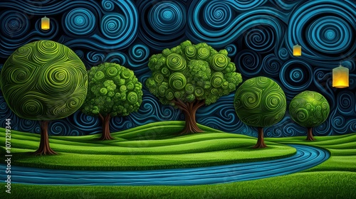Step into a surreal garden of swirling patterns and vibrant hues, with floating lanterns symbolizing growth and mental wellness. 
