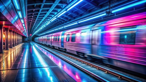 Fast underground subway train racing through tunnels with neon pink and blue lights, subway, train, underground, racing