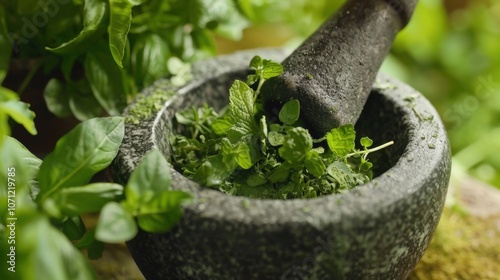 A closeup shot of a mortar and pestle being used to crush fresh herbs.