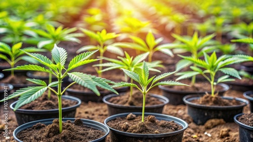 Close up of cannabis seedlings planted in separate fields, cannabis, seedlings, planting, agriculture, close up, growth