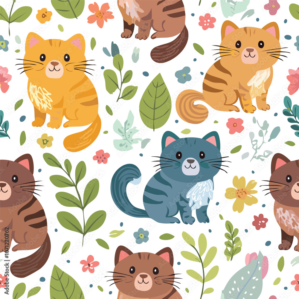 Obraz premium Cute cat hand drawn seamless pattern