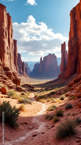 Vast canyon landscape at Monument Valley with dramatic rock formations under a blue sky. Generative AI