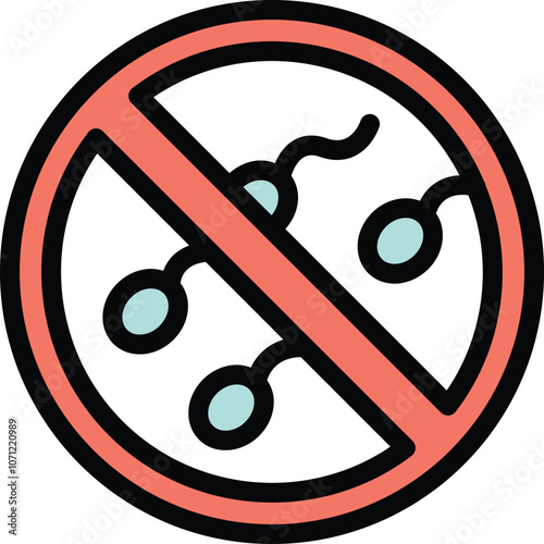 Red prohibition sign is crossing out spermatozoa, representing infertility treatment and contraception