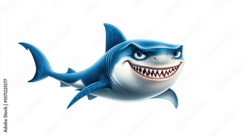 Obraz premium Comical shark illustration featuring angry look, showcasing blue shark with sharp teeth and mischievous grin, perfect for playful designs