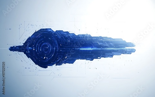 A futuristic, sleek blue object appears to be moving through space, surrounded by digital patterns and a bright background.