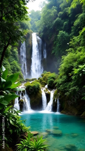 Waterfalls cascading into a serene turquoise pool surrounded by lush greenery in a tranquil natural setting. Generative AI
