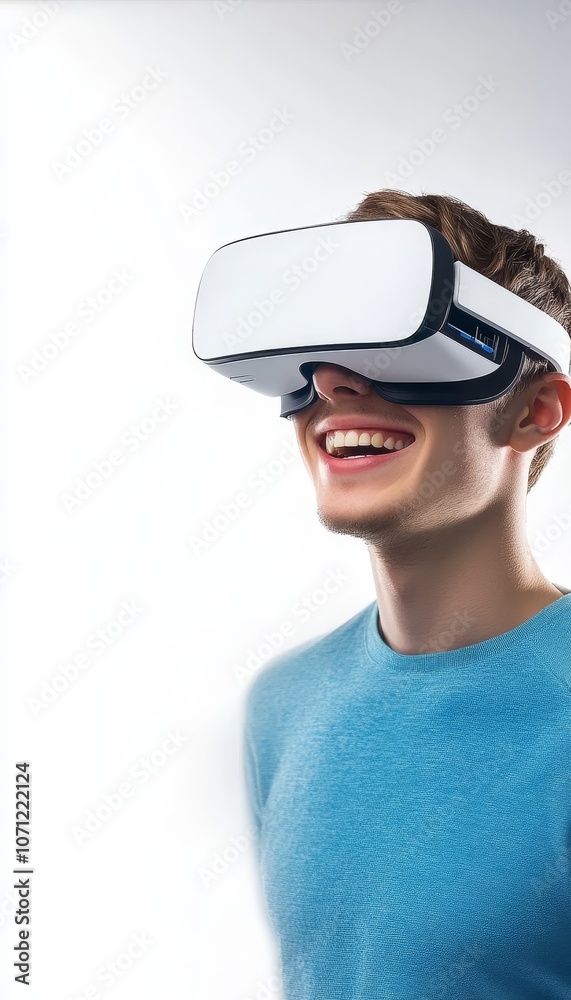 Happy Man Experiencing Virtual Reality with Headset, Immersive Technology, Isolated on White Happy Man Experiencing Virtual Reality with Headset, Immersive Technology, Isolated on White