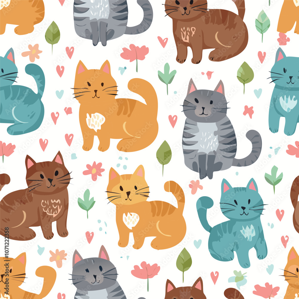 Obraz premium Cute cat hand drawn seamless pattern