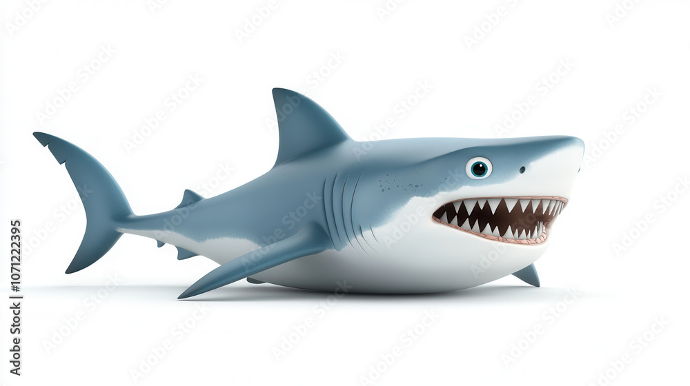 Fototapeta premium Jovial cartoon shark displaying playful expression, showcasing its sharp teeth and vibrant colors. This whimsical character is perfect for children themes and fun designs