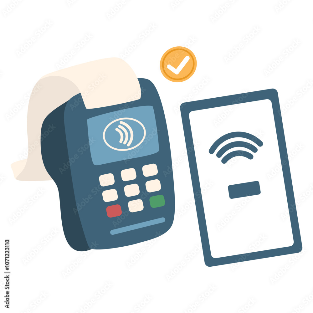 POS terminal with smartphone and credit card. Contactless payment by smartphone, near-field communication POS terminal with smartphone and credit card. Contactless payment by smartphone, near-field communication
