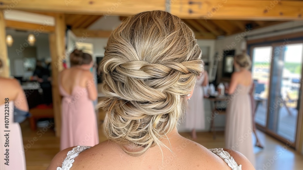 Elegant braided hairstyle seen from the back, with bridesmaids in soft pastel dresses preparing for a special occasion in a charming venue. Elegant braided hairstyle seen from the back, with bridesmaids in soft pastel dresses preparing for a special occasion in a charming venue.