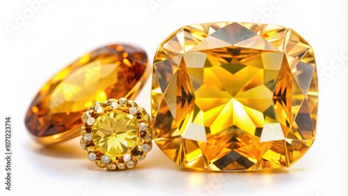 Close-up of sparkling Citrine gemstone, Yellow rhinestone, and yellow topaz stone on a white background, Citrine, gemstone