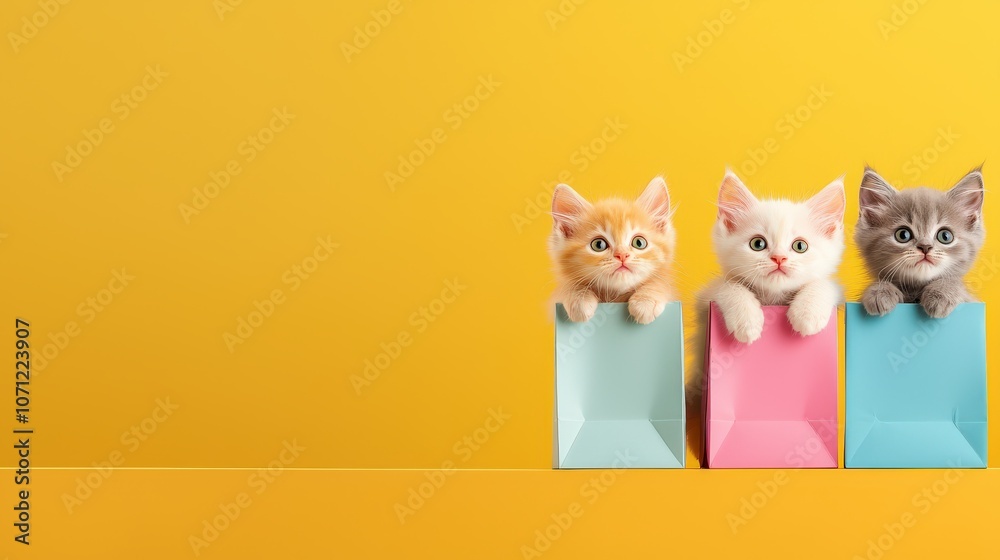 Fototapeta premium A fun cute cat background filled with kittens peeking out from colorful boxes and bags, perfect for adding a playful and inviting touch to designs.