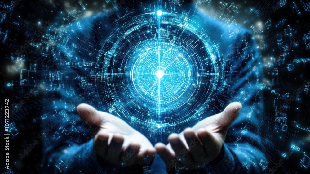 Hands Reaching for Digital Energy in Blue Light Hands Reaching for Digital Energy in Blue Light