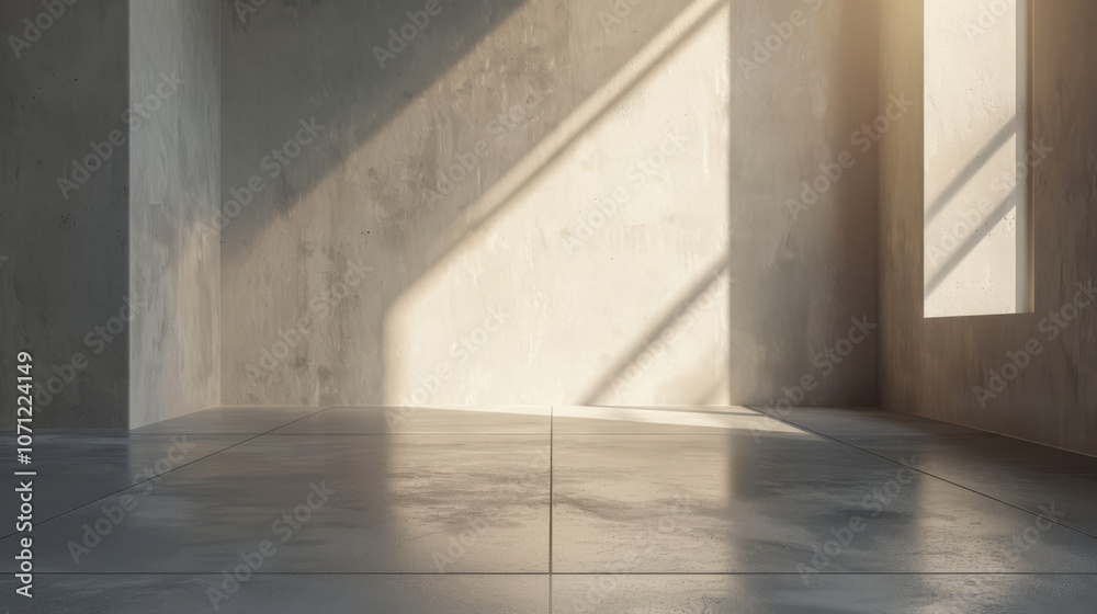 Sunlight streams through a window into a minimalist room with a concrete wall, casting long shadows on the tiled floor. Sunlight streams through a window into a minimalist room with a concrete wall, casting long shadows on the tiled floor.