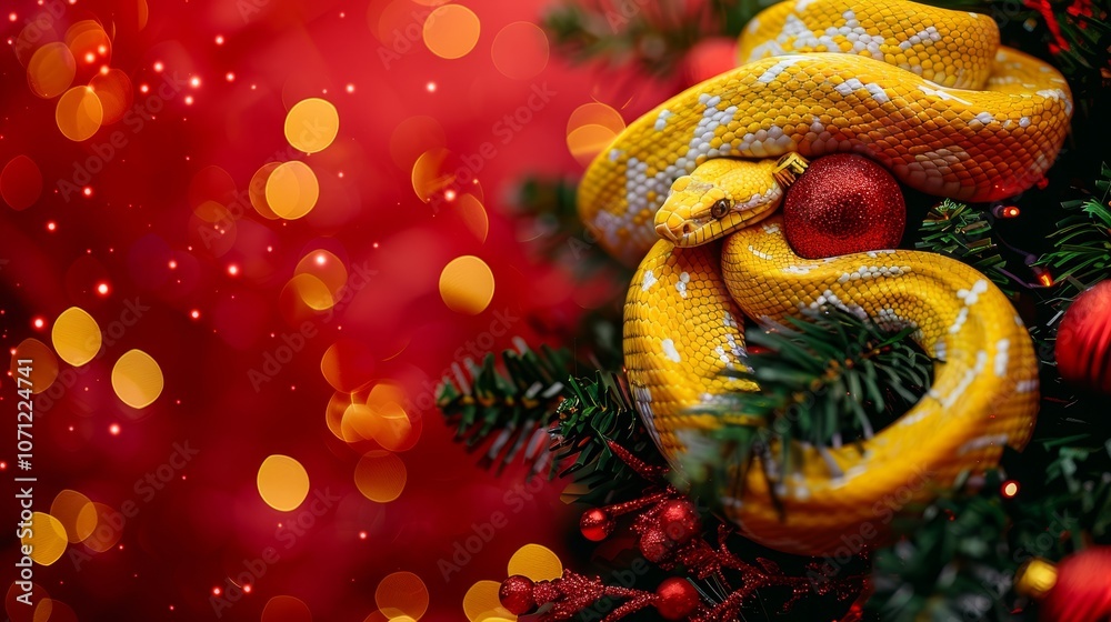 Naklejka premium Golden Dreams Yellow Snake Curled on Festive Christmas Tree, Red Bokeh Background, Copy Space