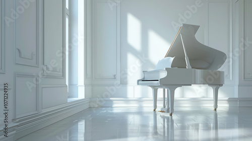 A white grand piano sits in a bright, airy room with large windows. The light streams in, illuminating the instrument and creating a sense of calm and elegance.