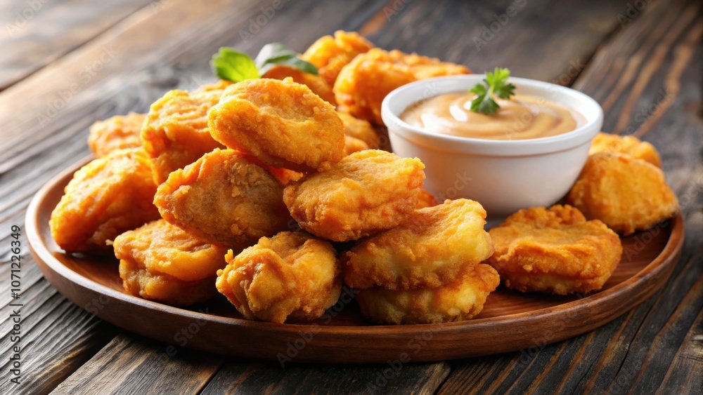 Pile of golden deep-fried battered chicken nuggets with bowl of dipping sauce, crispy, delicious, fast food, appetizer, fried Pile of golden deep-fried battered chicken nuggets with bowl of dipping sauce, crispy, delicious, fast food, appetizer, fried