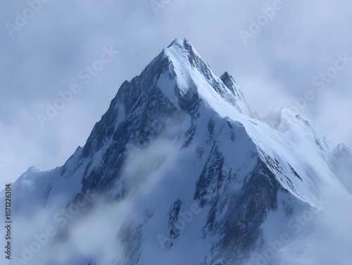 Dark snowy mountain peak rising through translucent straight clouds shrouded in mist