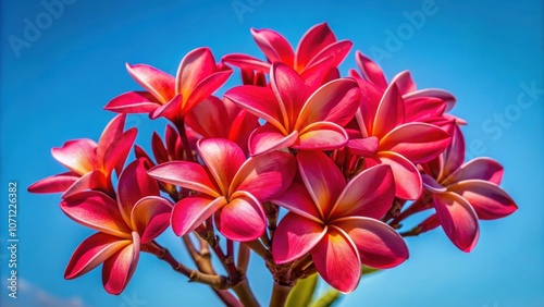 Bouquet of red plumeria flowers against a clear blue sky , Plumeria, red, flowers, bouquet, sky, nature, tropical, exotic