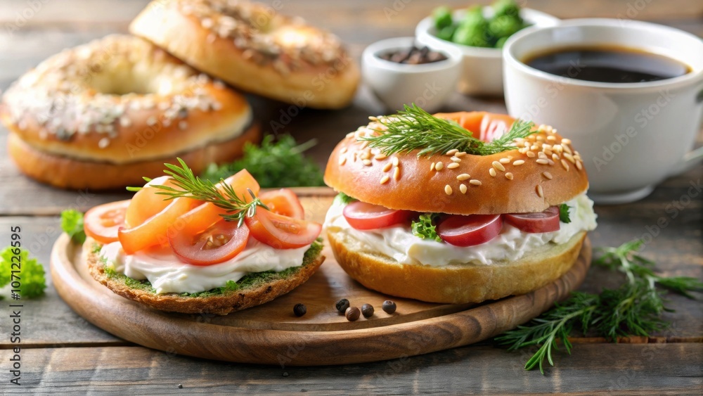 Delicious breakfast with savory salmon, soft cream cheese, toasted bagels, and coffee, savor breakfast, savory, salmon Delicious breakfast with savory salmon, soft cream cheese, toasted bagels, and coffee, savor breakfast, savory, salmon