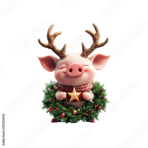 Cute Pig with Reindeer Antlers Holding a Star in a Christmas Wreath