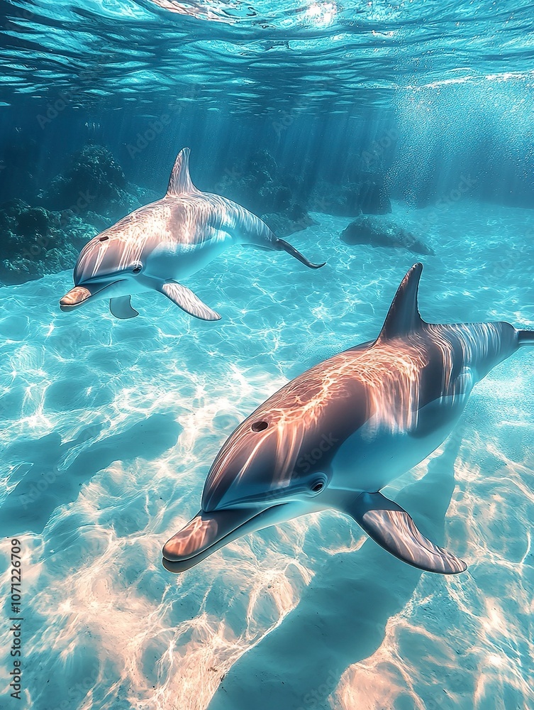 Obraz premium one pale pink dolphins flying out of the sea, peaceful scene, clear and transparent water, dreamy colors, high level of detail, generative ai