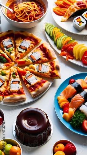 A flat lay photo of a delicious spread of international cuisine. The image features a variety of dishes, including pizza with seafood toppings, spaghetti with meatballs, sushi rolls, sashimi